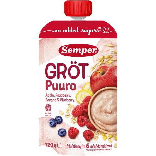 Gröt Äpple Hallon Banan Blåbär Från 6 Månader